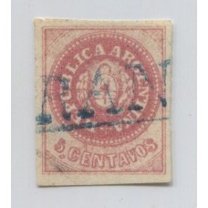 ARGENTINA 1862 GJ 12 ESCUDITO DE PLANCHA SEMIGASTADA ESTAMPILLA CON PEQUEÑO ADELGAZAMIENTO, MATASELLO FRANCA ROSARIO U$ 33 + 75 %